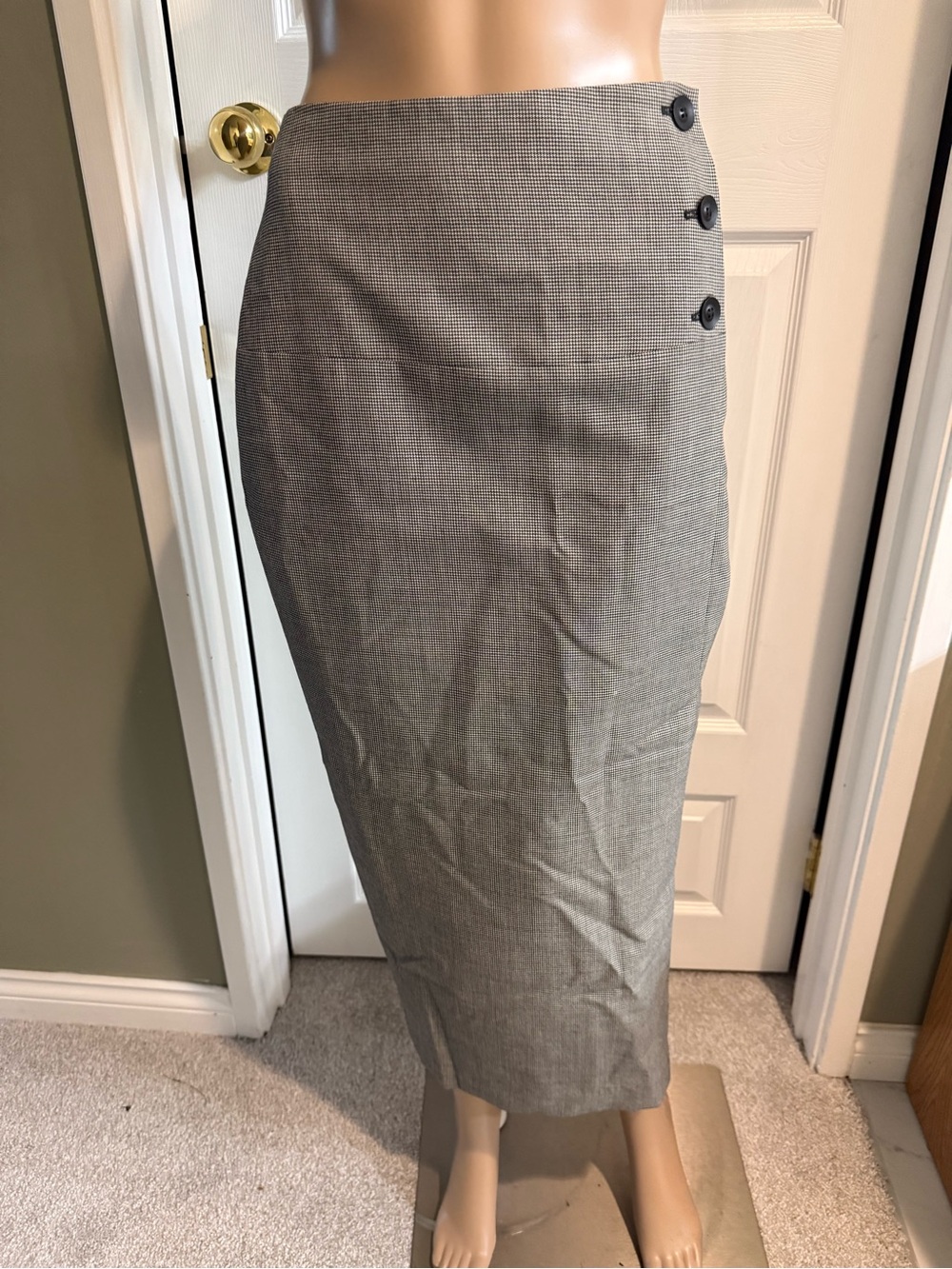 Ann Freedberg Houndstooth Wool Midi Skirt Size 2 Black White Slit Lined